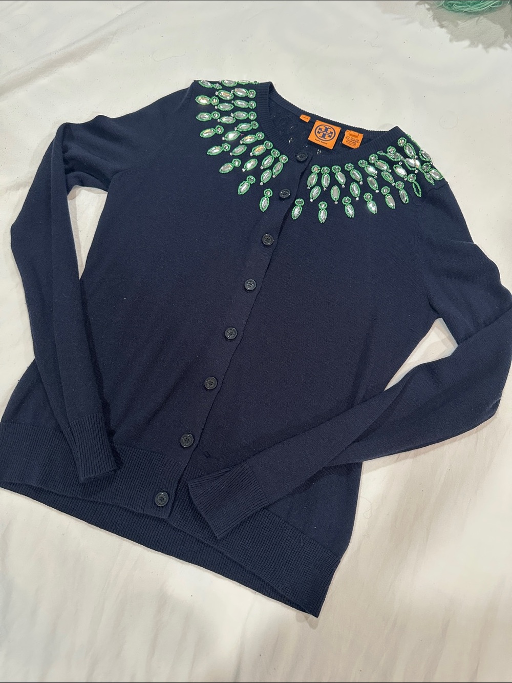 Tory Burch Navy Cardigan with Green Jewel Collar